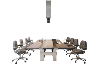 Modern office meeting room with executive chairs and wooden desk isolated on white background, clean corporate workspace concept. 3D Rendering