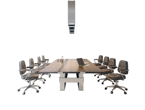 Modern office meeting room with executive chairs and wooden desk isolated on white background, clean corporate workspace concept. 3D Rendering