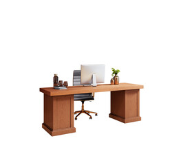 Wooden office desk with chair, monitor, books, glassware, and plant in clean realistic style on white background. Concept of workspace layout. 3D Rendering