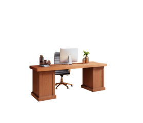 Wooden office desk with chair, monitor, books, glassware, and plant in clean realistic style on white background. Concept of workspace layout. 3D Rendering