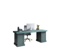 Contemporary office desk with monitor, chair, books, and decor items in clean layout style isolated on white background. 3D Rendering