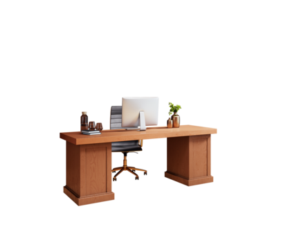 Wooden office desk with chair, monitor, books, glassware, and plant in clean realistic style on white background. Concept of workspace layout. 3D Rendering