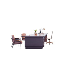 Office desk with executive chair, guest chairs, computer, and decor isolated on white background. 3D Rendering for business workspace layout