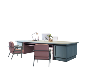 Executive office desk with computer, lamp, and decor items, two guest chairs in front, clean modern design on white background. 3D Rendering