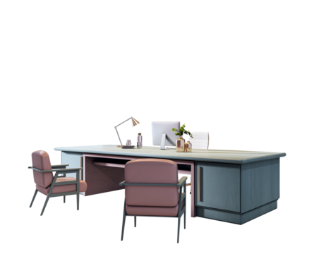 Executive office desk with computer, lamp, and decor items, two guest chairs in front, clean modern design on white background. 3D Rendering