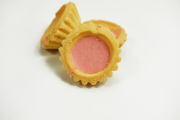 Strawberry milk pie on a white plate with a white background
