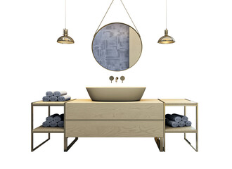 Contemporary bathroom vanity with drawers, rolled towels, round mirror, and pendant lights in clean...