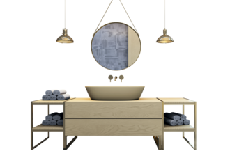 Contemporary bathroom vanity with drawers, rolled towels, round mirror, and pendant lights in clean layout on white background. 3D Rendering