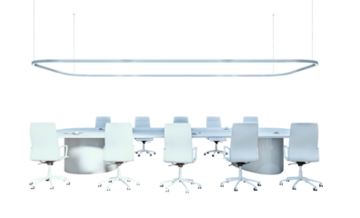 White office chairs around oval conference table with modern ceiling light, clean cutout on white background. Concept of business workspace. 3D Rendering