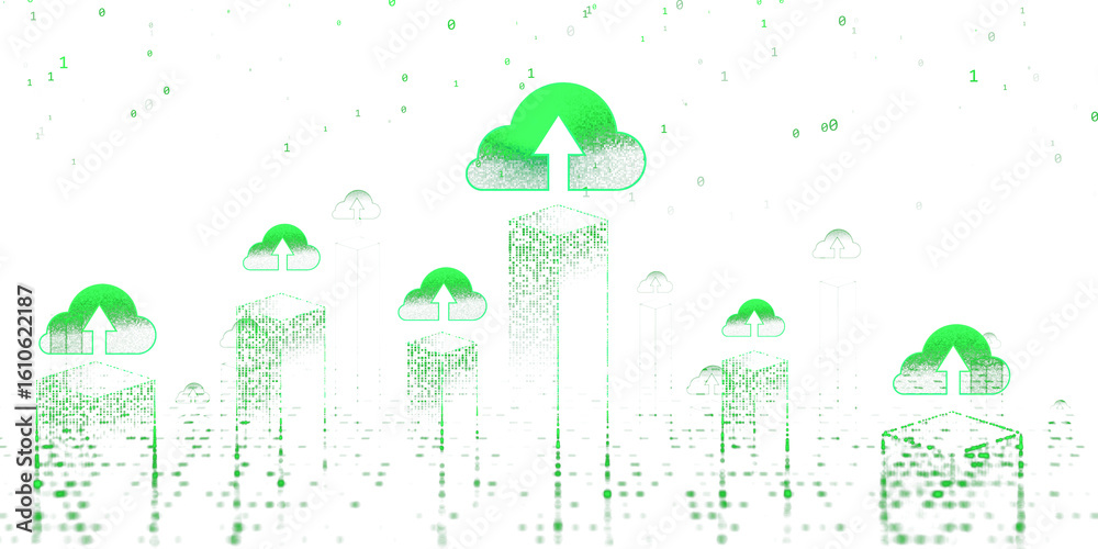 Poster green cloud upload icons above digital cube blocks, floating binary code on white background, concep