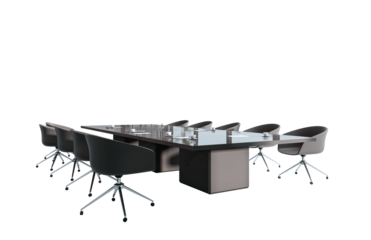 Sleek modern conference table with office chairs and accessories, isolated style on white background. Concept of corporate meeting and workspace. 3D Rendering