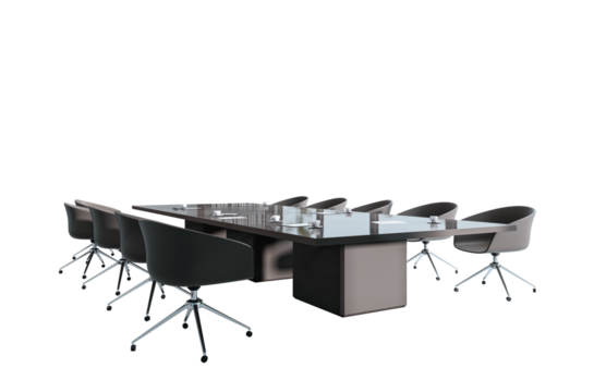 Sleek modern conference table with office chairs and accessories, isolated style on white background. Concept of corporate meeting and workspace. 3D Rendering