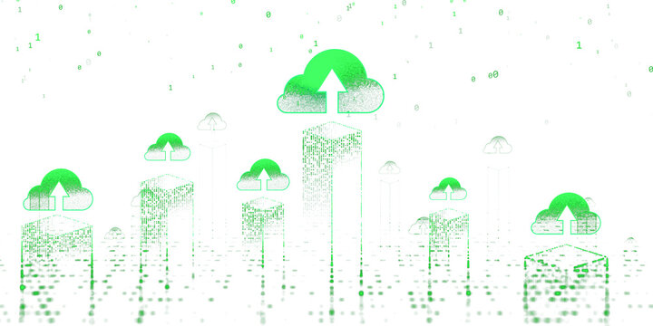 Green cloud upload icons above digital cube blocks, floating binary code on white background, concept of cloud computing and data exchange, 3D Rendering