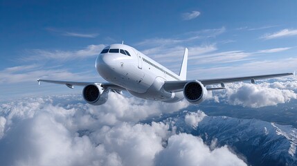 Obraz premium White passenger airplane flying above clouds and snowy mountains
