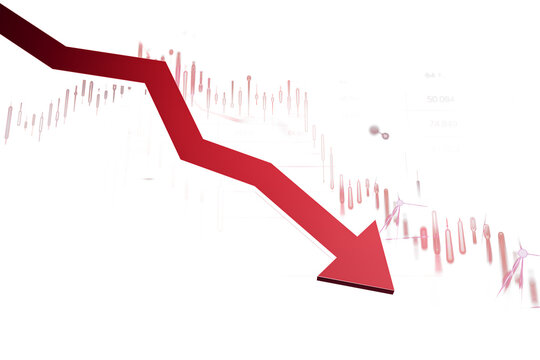 Red arrow pointing downward over a blurred candlestick chart, isolated on white background, concept of financial crisis and market collapse, 3D Rendering