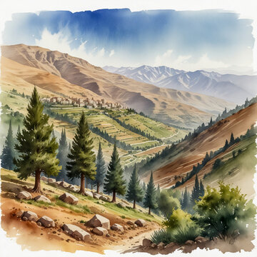 Watercolor illustration of the Mount Lebanon Range above Bsharri, Lebanon Ancient cedar forests hugging the mountain base, with rugged peaks and terraced orchards in the sun.