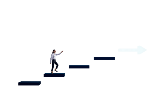 Woman walking up dark steps on white background, cutout graphic style, symbolizing career growth, success, and personal achievement