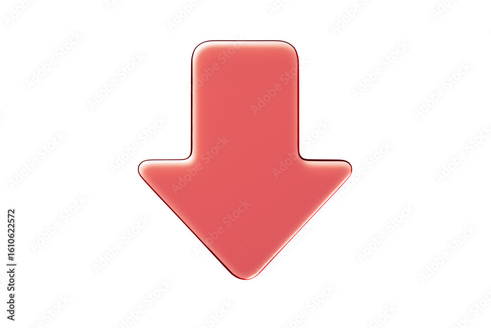 Poster glossy red down arrow symbol isolated on white background, clean layout element with transparent fee