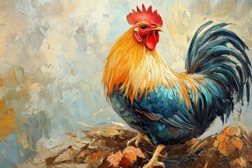 Fototapeta premium Colorful rooster rests on hen and surveys surroundings in a serene farm setting during the day, beautiful rooster sits on a hen and looks around