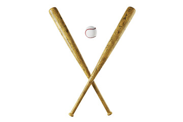 Wooden baseball bats crossed in an X shape with a baseball above, isolated on clean white background, sports equipment layout concept, 3D Rendering