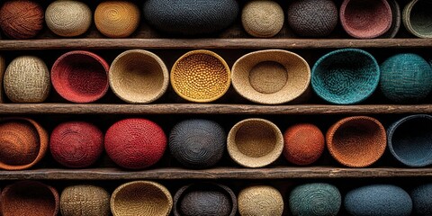 A collection of intricately woven baskets in earthy tones, arranged in a harmonious pattern, glowing under soft natural light