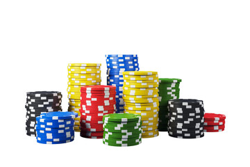 Multiple stacks of colorful poker chips isolated on a clean white background, arranged in a neat layout, concept of gambling or casino game. 3D Rendering