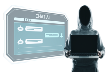 Anonymous hooded person holding laptop with chatbot interface in digital style on white background, concept of AI, hacking, and cybersecurity