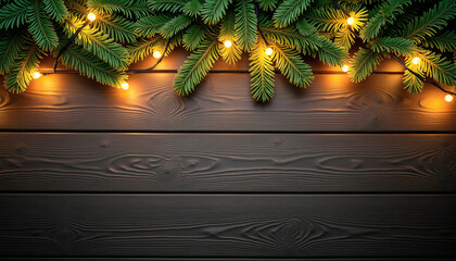 Festive Evergreen Christmas Garland With String Lights On Wooden Background