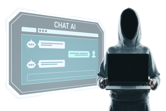 Anonymous hooded person holding laptop with chatbot interface in digital style on white background, concept of AI, hacking, and cybersecurity