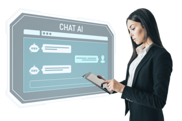 Businesswoman using tablet interacting with chat AI interface, modern flat style on white background, concept of digital communication and UX design