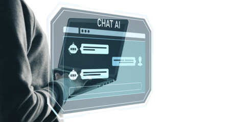 Person holding laptop with holographic AI chatbot screen overlay, modern graphic style, isolated on white background, concept of virtual tech