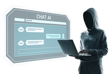 Faceless person in hoodie holding laptop beside futuristic chat AI screen, isolated on white background, concept of online privacy and hacking