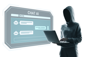 Faceless person in hoodie holding laptop beside futuristic chat AI screen, isolated on white background, concept of online privacy and hacking
