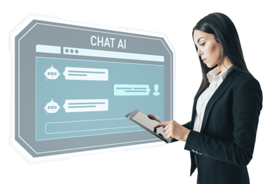 Businesswoman using tablet interacting with chat AI interface, modern flat style on white background, concept of digital communication and UX design