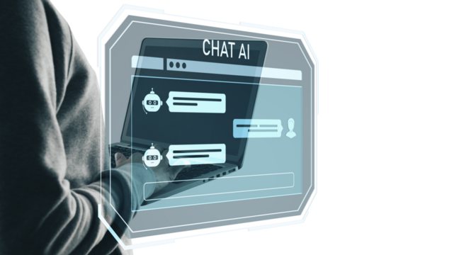 Person holding laptop with holographic AI chatbot screen overlay, modern graphic style, isolated on white background, concept of virtual tech