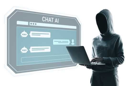 Faceless person in hoodie holding laptop beside futuristic chat AI screen, isolated on white background, concept of online privacy and hacking