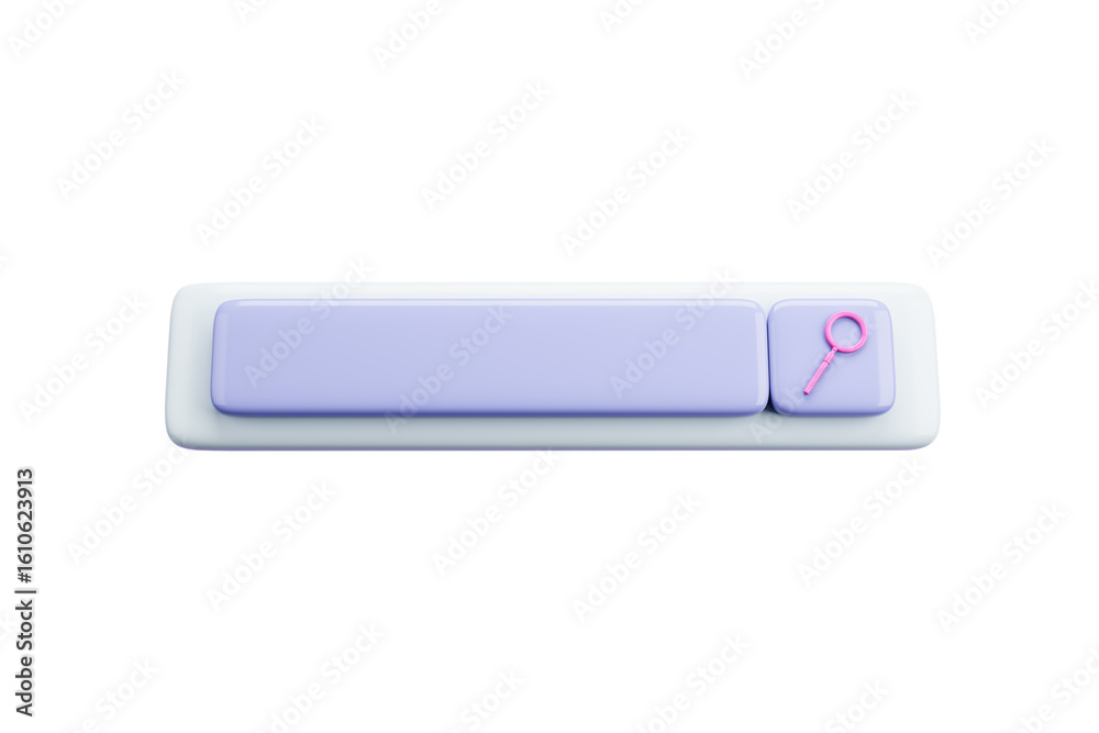 Poster minimalistic 3d rendering of a pastel search bar interface with a magnifying glass icon on white bac