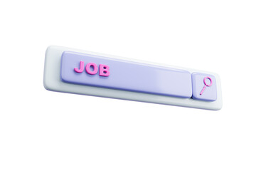 Job search bar icon with pink text and magnifying glass in pastel 3D style, isolated on white background, concept of online employment search, 3D Rendering