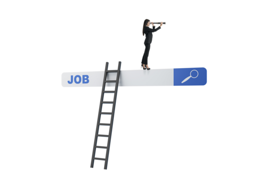 Businesswoman with telescope on job search bar and ladder, isolated on white background, symbolizing career search, opportunity, ambition