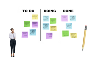 A woman looks at a kanban board with colorful sticky notes divided into To Do, Doing, and Done columns on a clean white background