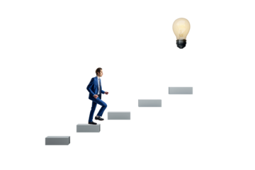 Businessman climbs floating steps toward glowing lightbulb on clean white background, symbolizing business growth, idea development, and achievement