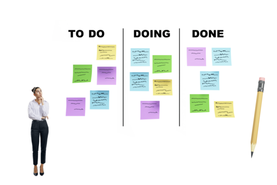 A woman looks at a kanban board with colorful sticky notes divided into To Do, Doing, and Done columns on a clean white background