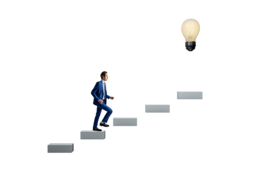 Businessman climbs floating steps toward glowing lightbulb on clean white background, symbolizing business growth, idea development, and achievement