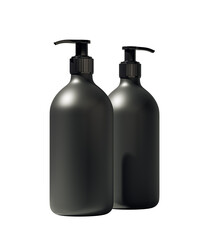 Two sleek black pump bottles with matte finish isolated on white background, minimal branding concept for product packaging mockup. 3D Rendering
