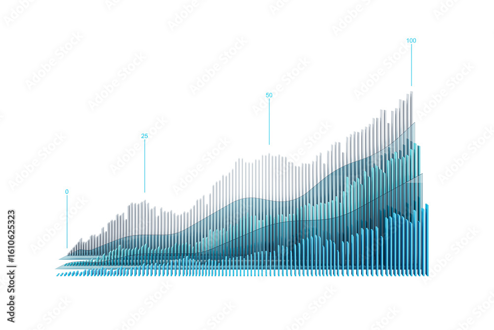 Poster abstract financial bar chart with layered graph design, 3d rendering style on white background. conc