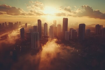 Stunning aerial view of downtown Miami skyline at sunset with clouds and mist, Aerial shot of the tall buildings in downtown Miami Florida at sunrise