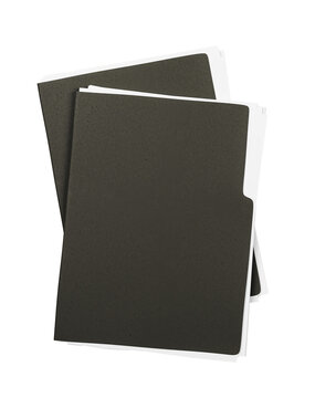 Black document folders stacked and isolated on white background, clean layout concept for business data organization and information structure. 3D Rendering.