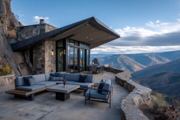 Obraz premium Modern house with cantilevered roof merging with mountain landscape