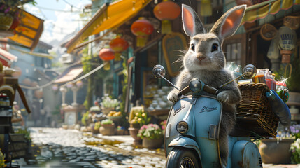 Rabbit riding a vintage blue scooter through street market