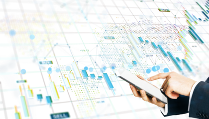 Businessman using smartphone with digital financial chart interface over white background, representing stock market and forex investment